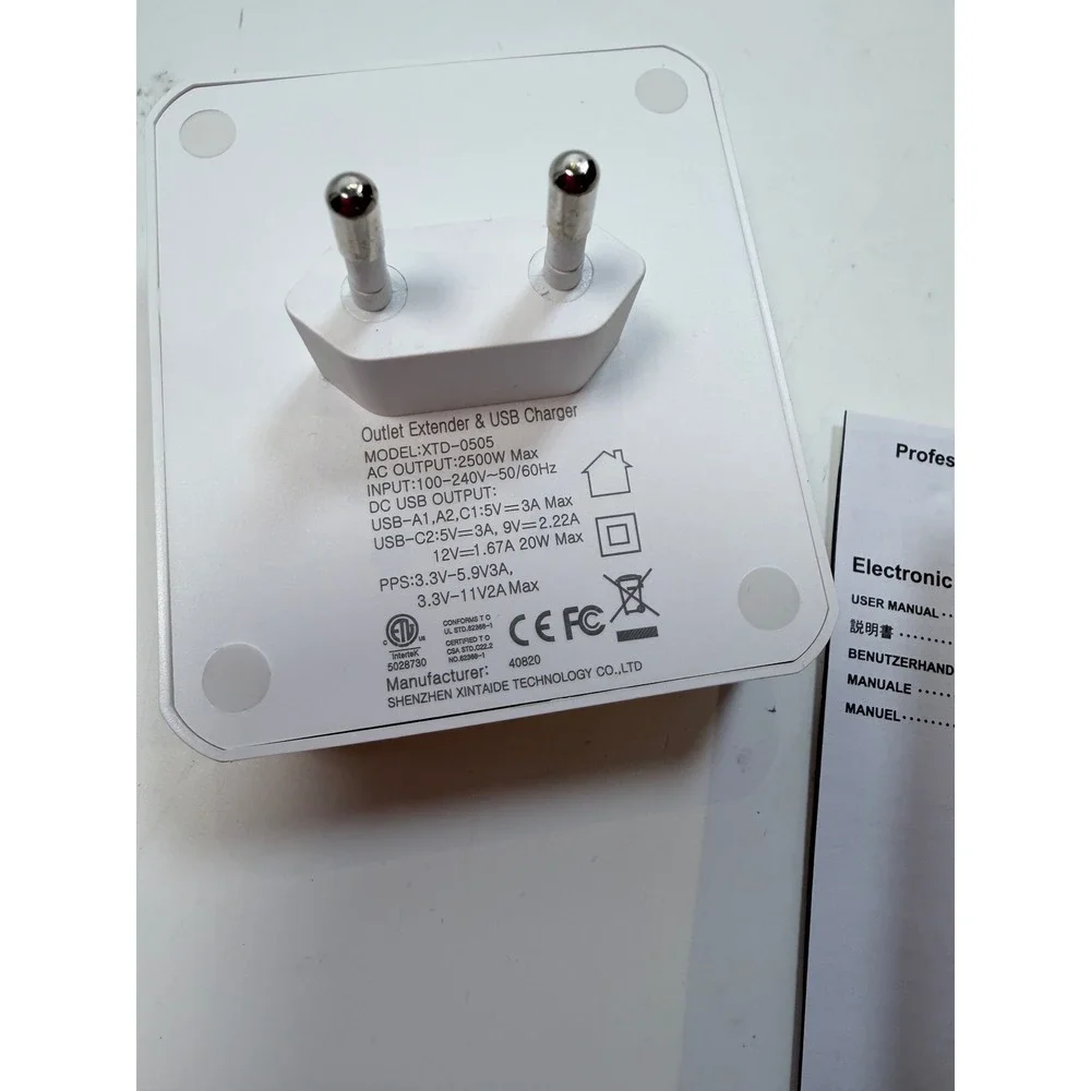 VPSUN European Travel Plug Adapter White USB-C PD 20W 2 AC Outlets 3 USB-A Ports